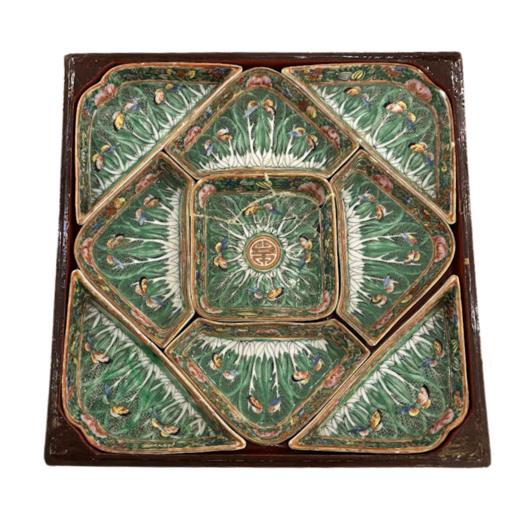Late 19th or Early 20th Century Chinese Lacquer Box with Porcelain Sweetmeat Set
