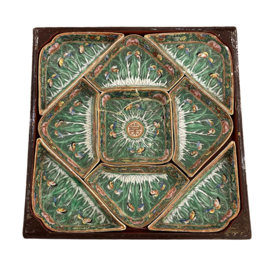 Late 19th or Early 20th Century Chinese Lacquer Box with Porcelain Sweetmeat Set