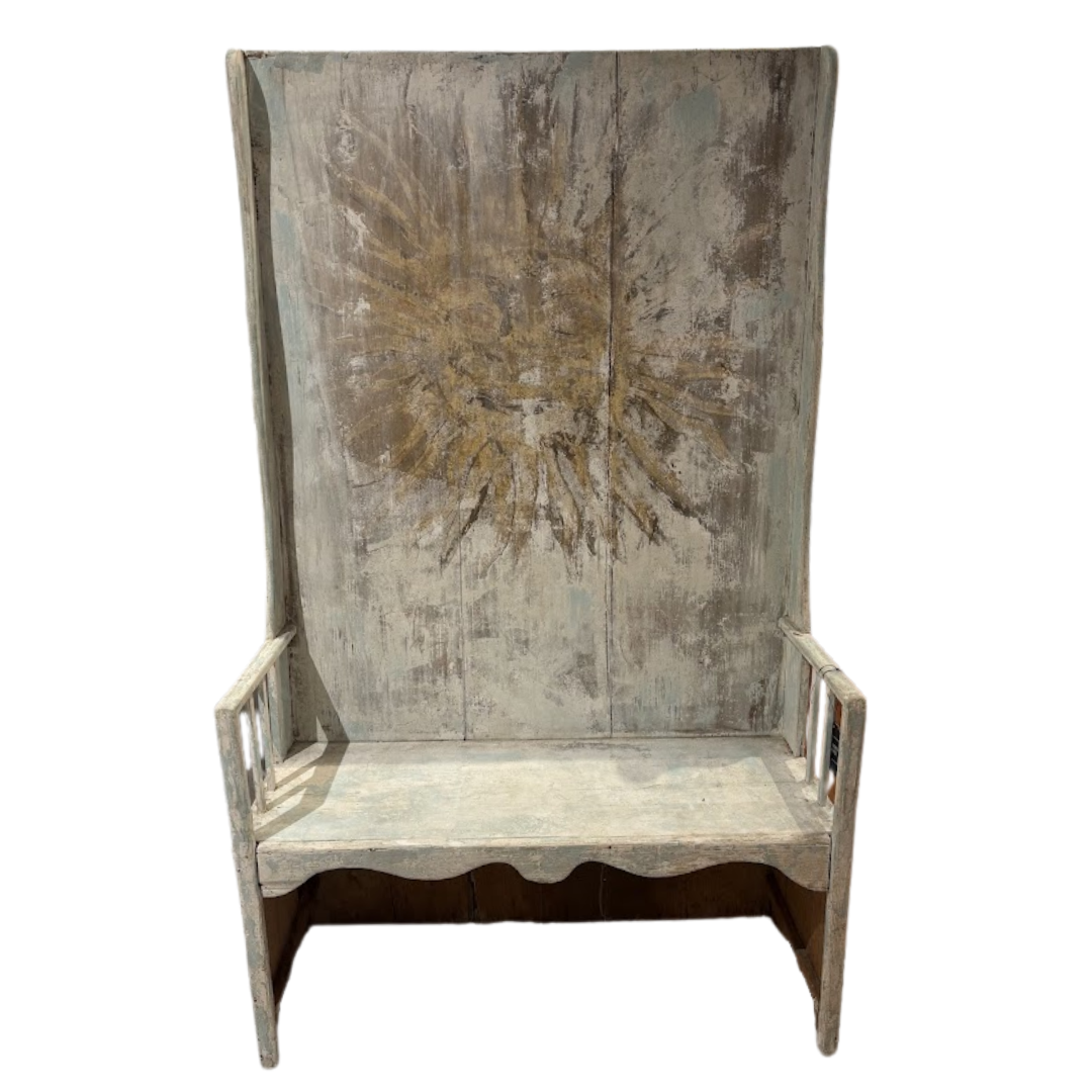 Late 19th Century Spanish Catalan Painted Pine High Back Hall Bench with Sunburst
