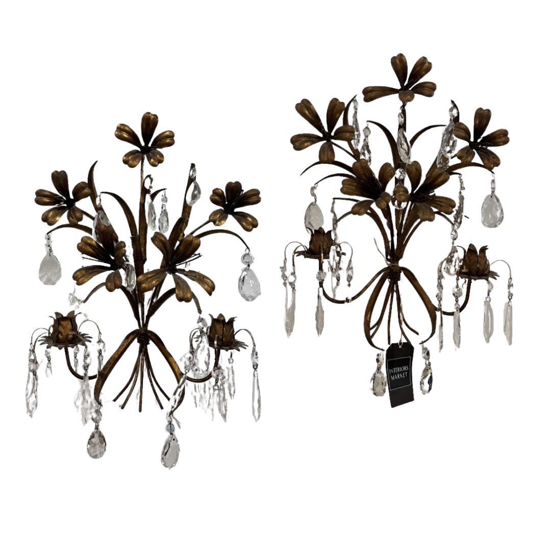 Pair Vintage Italian Tole and Crystal Candle Sconces