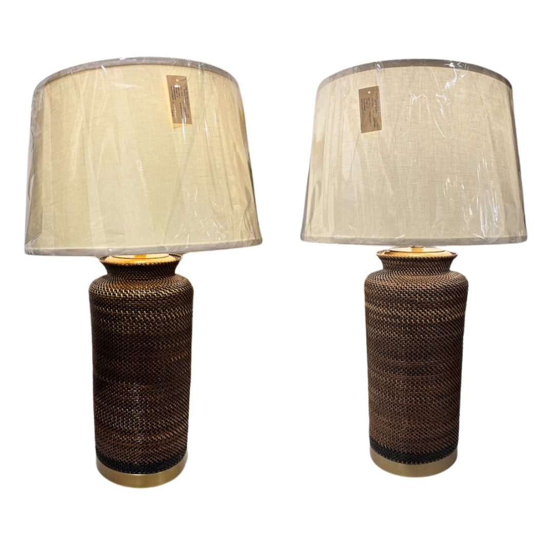 Pair Brown Bali Straw Lamps
