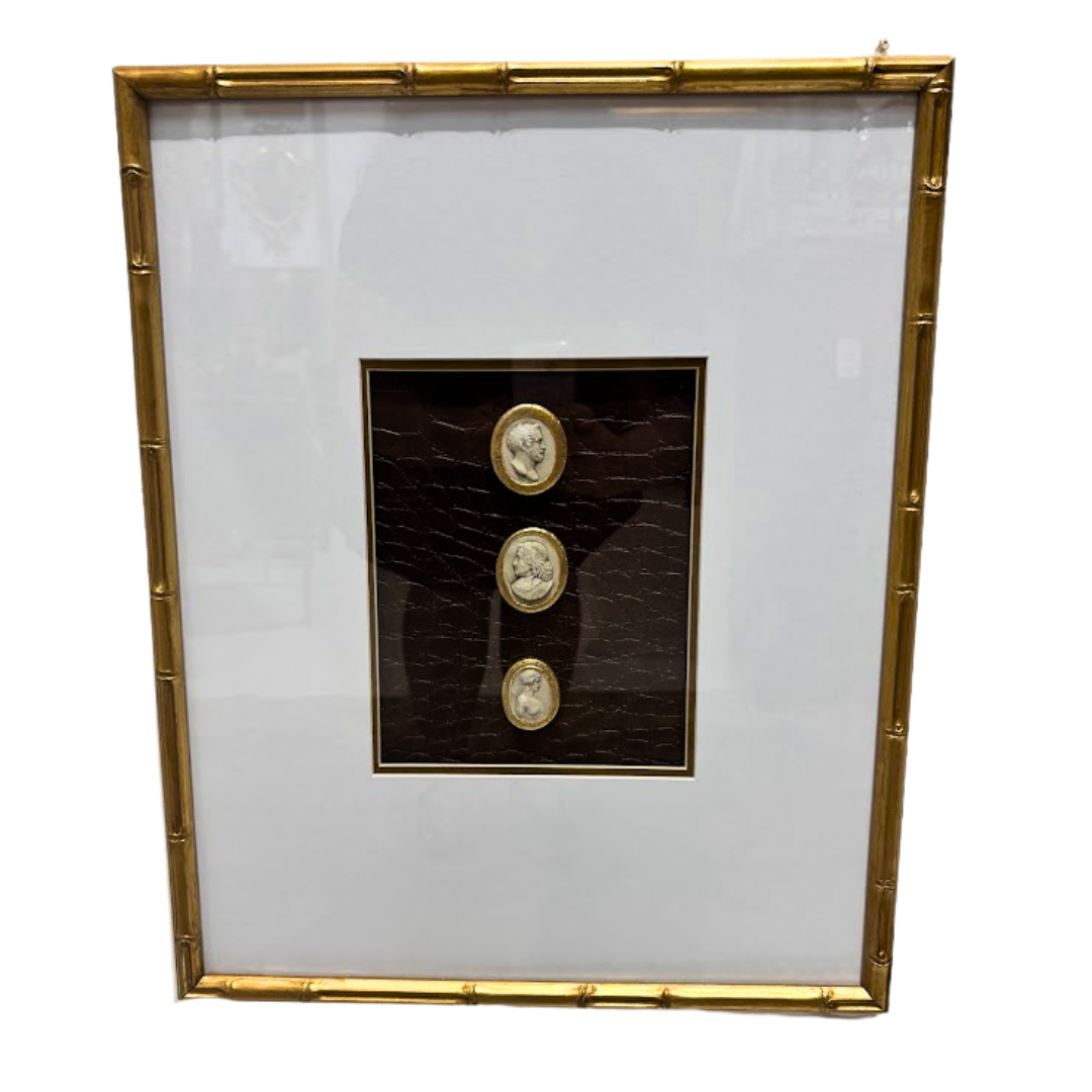 Handmade Embossed Leather with Gold Leafed Intaglios in Gilt Bamboo Frame