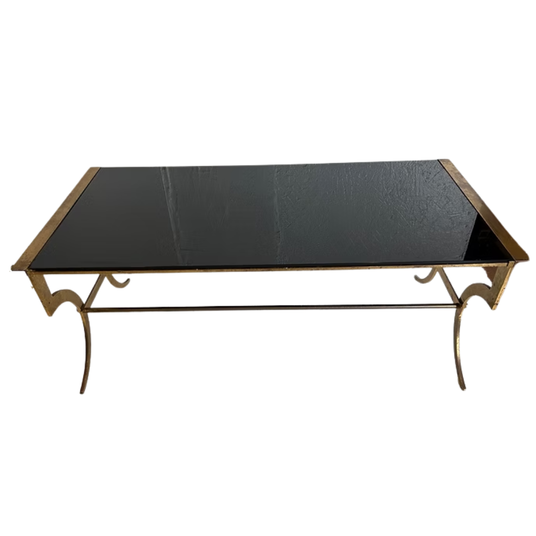 French 1940 Black Glass and Gilded Wrought Iron Coffee Table