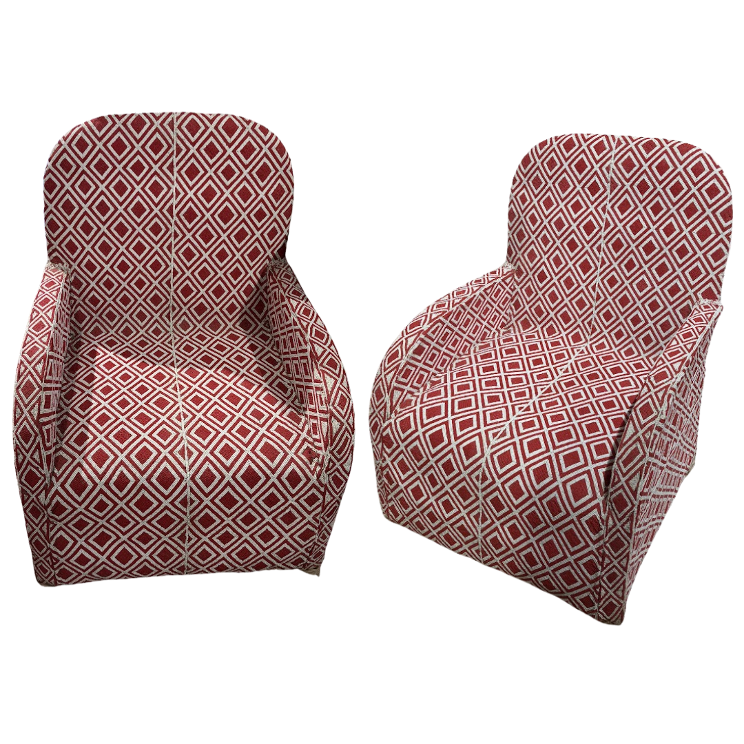 Pair of Vintage Nigerian Yoruba Chairs in Red and White Diamond Bead Pattern