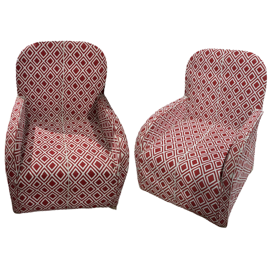 Pair of Vintage Nigerian Yoruba Chairs in Red and White Diamond Bead Pattern