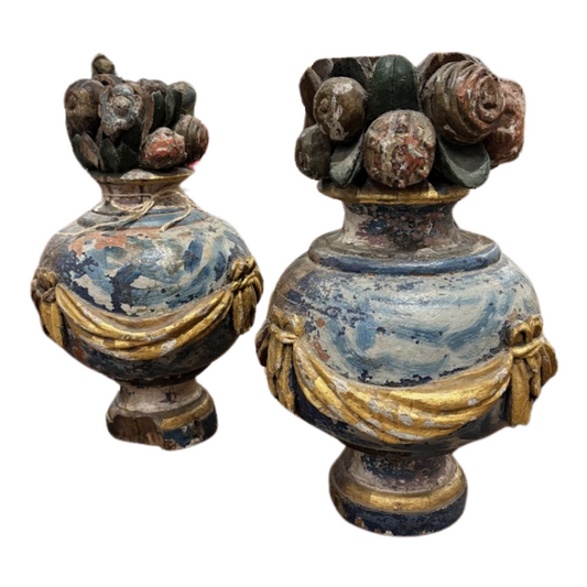 Pair Italian Carved Wooden Flower Urns