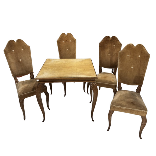 Rare 1930's Maison Jansen Art Deco Game Table with Parchment Top in the Rhombus Pattern and Carved Legs with Four Art Deco Chairs in their Original Fabric and Buttons