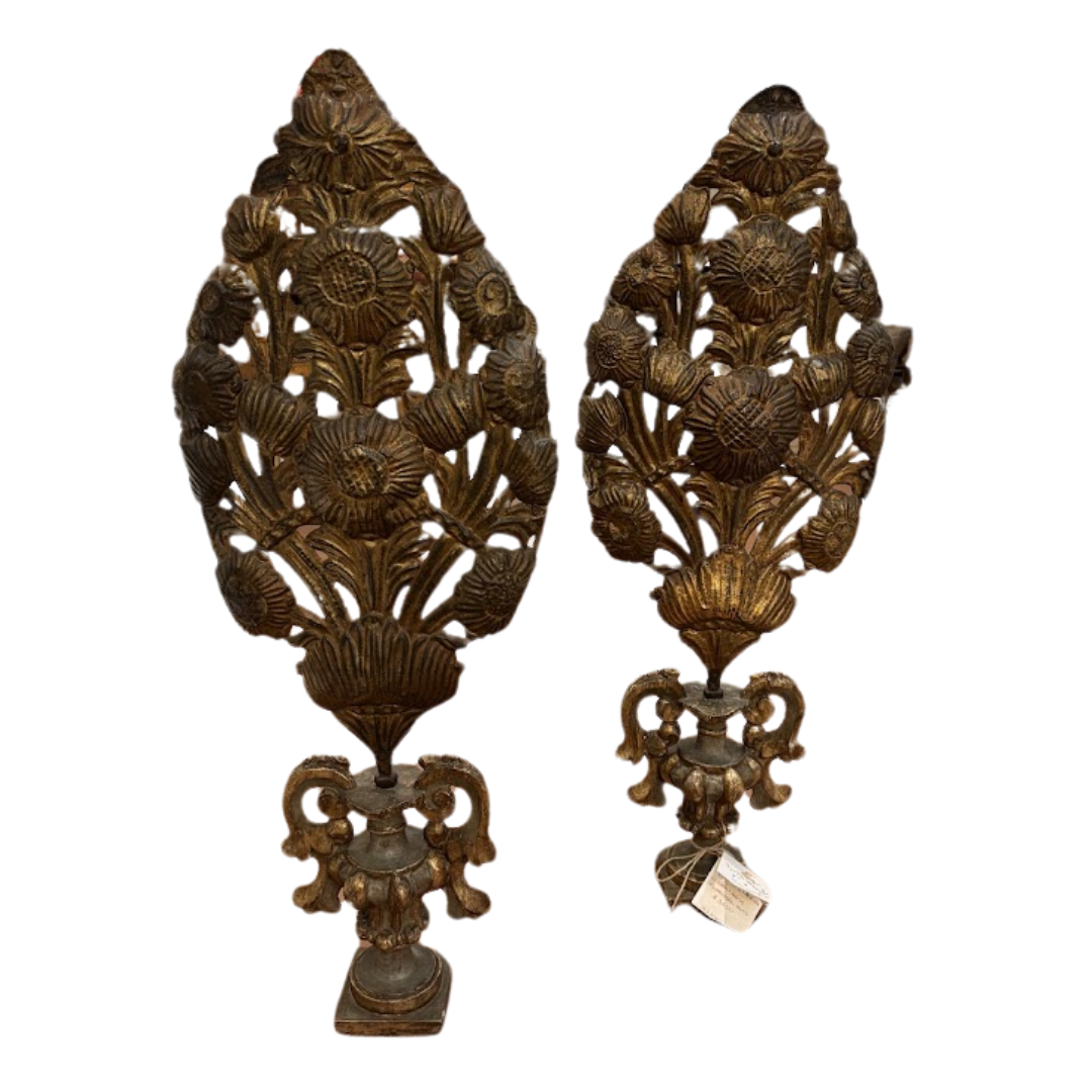 Pair 18th Century Italian Wooden And Brass Repoussé Urns