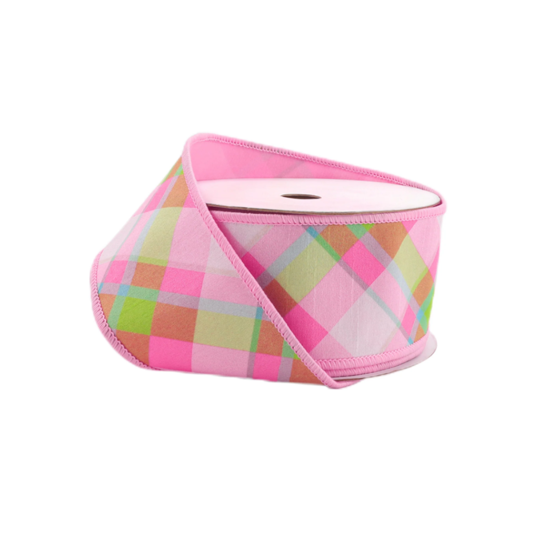 4" Wired Dupioni Ribbon in Bias Plaid Pink and White with Taffeta Fused Back - 10 Yard Roll