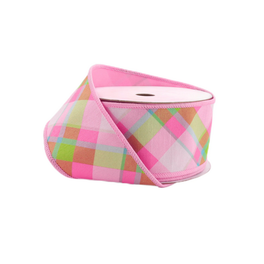 4" Wired Dupioni Ribbon in Bias Plaid Pink and White with Taffeta Fused Back - 10 Yard Roll