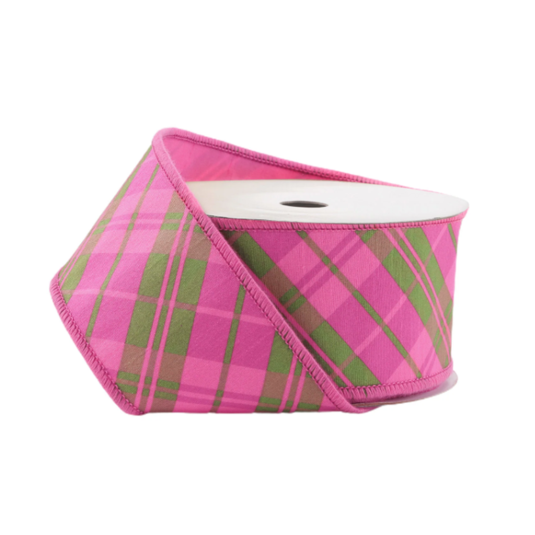 2.5" Wired Dupioni Ribbon in Bias Plaid Pink and Multi with Taffeta Fused Back - 10 Yard Roll (9003W-175-100E)