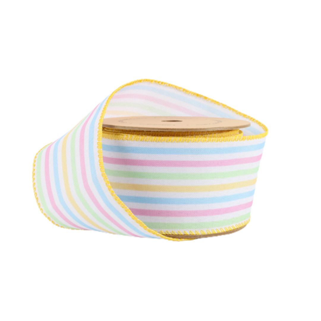 2.5" Wired Ribbon in White with Bright Railroaded Stripes in Green, Pink, Blue, and Yellow - 10 Yard Roll (9322W-003-63E)