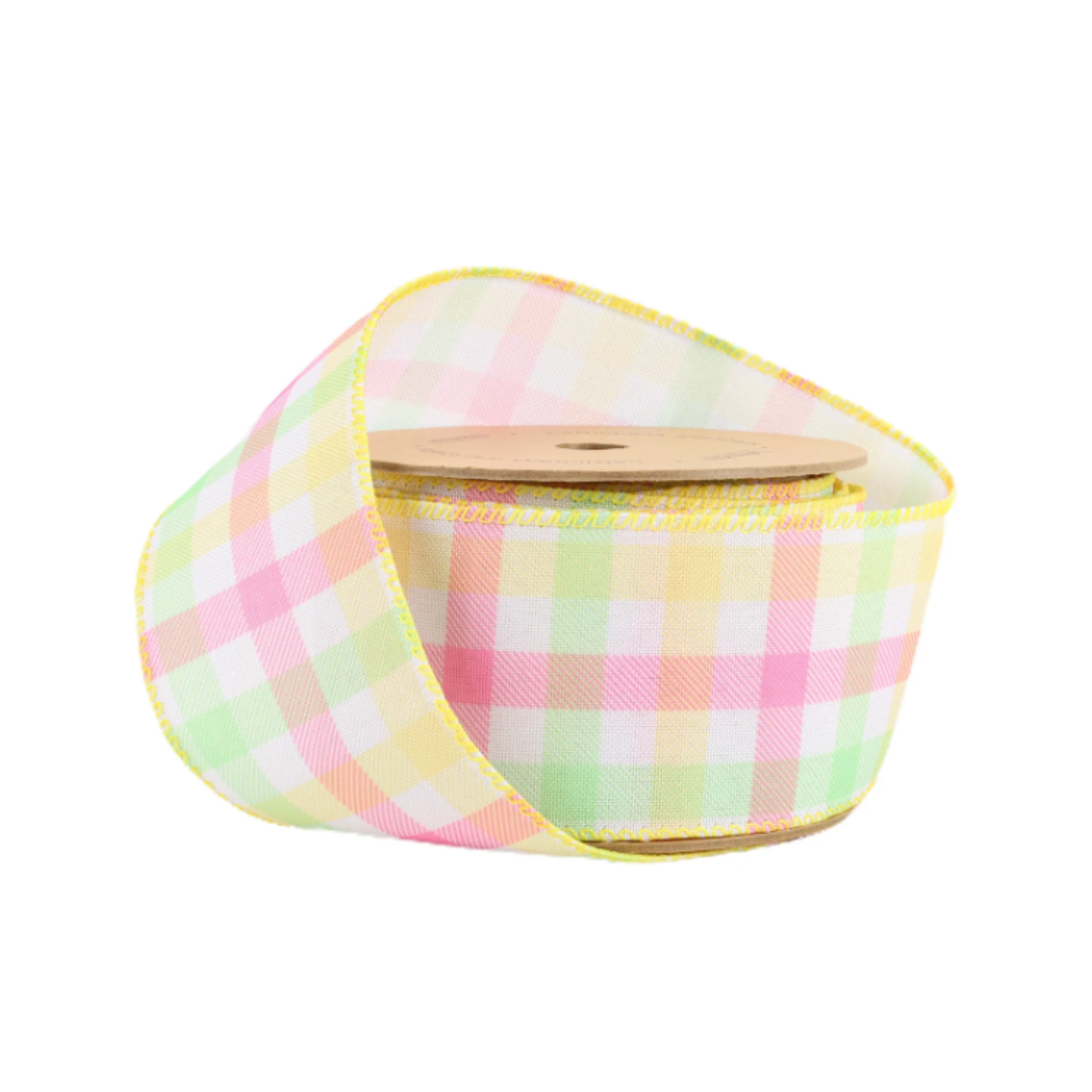 2.5" Wired Ribbon in White with Pastel Plaid Green, Yellow, and Pink - 10 Yard Roll (5501W-003-63E)
