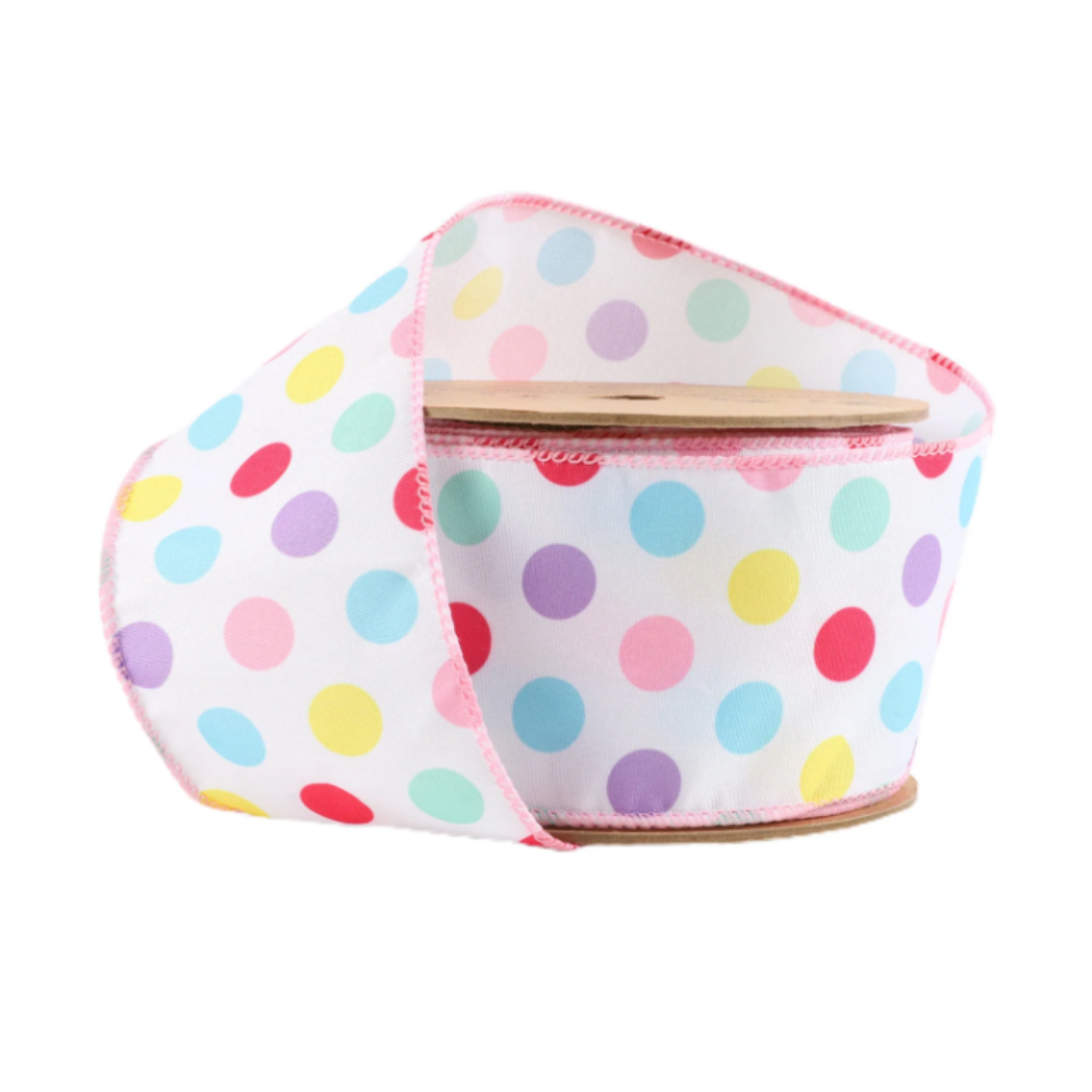 2.5" Wired Ribbon in White with Pastel Dots - 10 Yard Roll (9306W-003-63E)