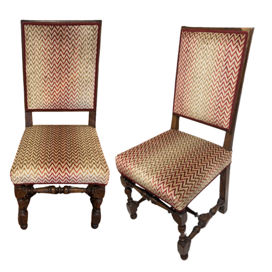 Pair of Antique French Side Chairs Restored and Upholstered in Cowtan and Tout Flame Stitch Pattern