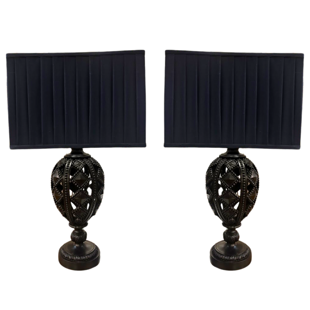 Pair of Pierced Black Lamps with Navy Shades