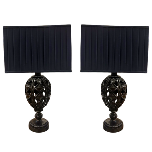 Pair of Pierced Black Lamps with Navy Shades