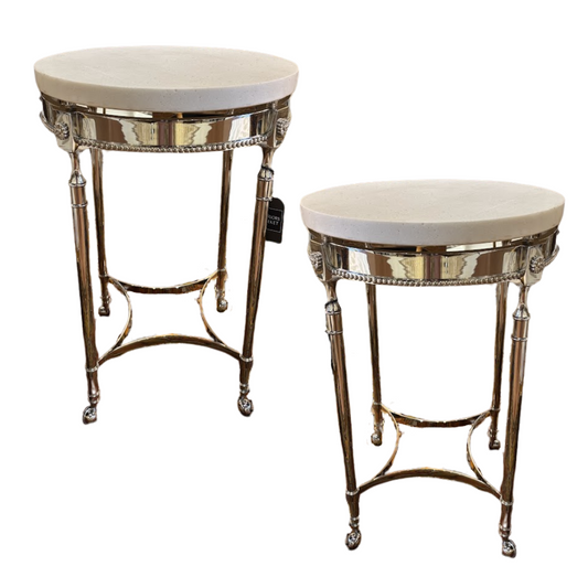 Pair Quality Chrome Classical-Style Round Occasional Tables on Shepherd Ball Casters