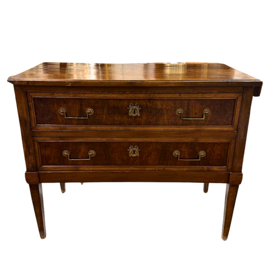 French Walnut Louis XVI Sauteuse with Two Drawers, Square Tapered Legs, and Classic Bronze Drop Pulls Circa 1790