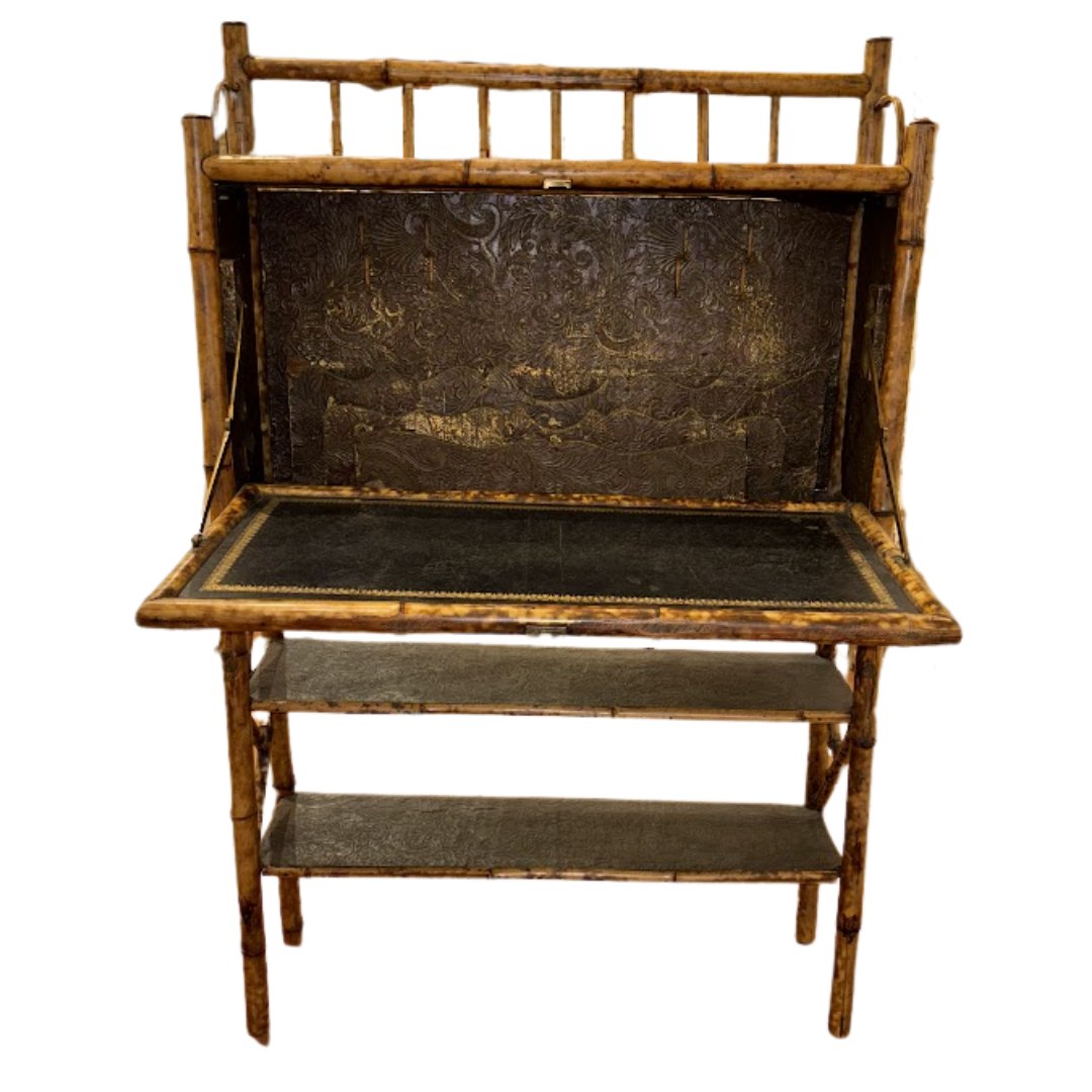Early Bamboo Desk with Embossed Leather
