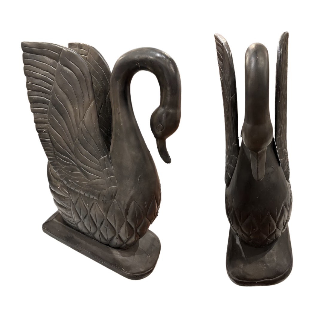Pair Vintage Hand Carved Swans in Ebony Wood