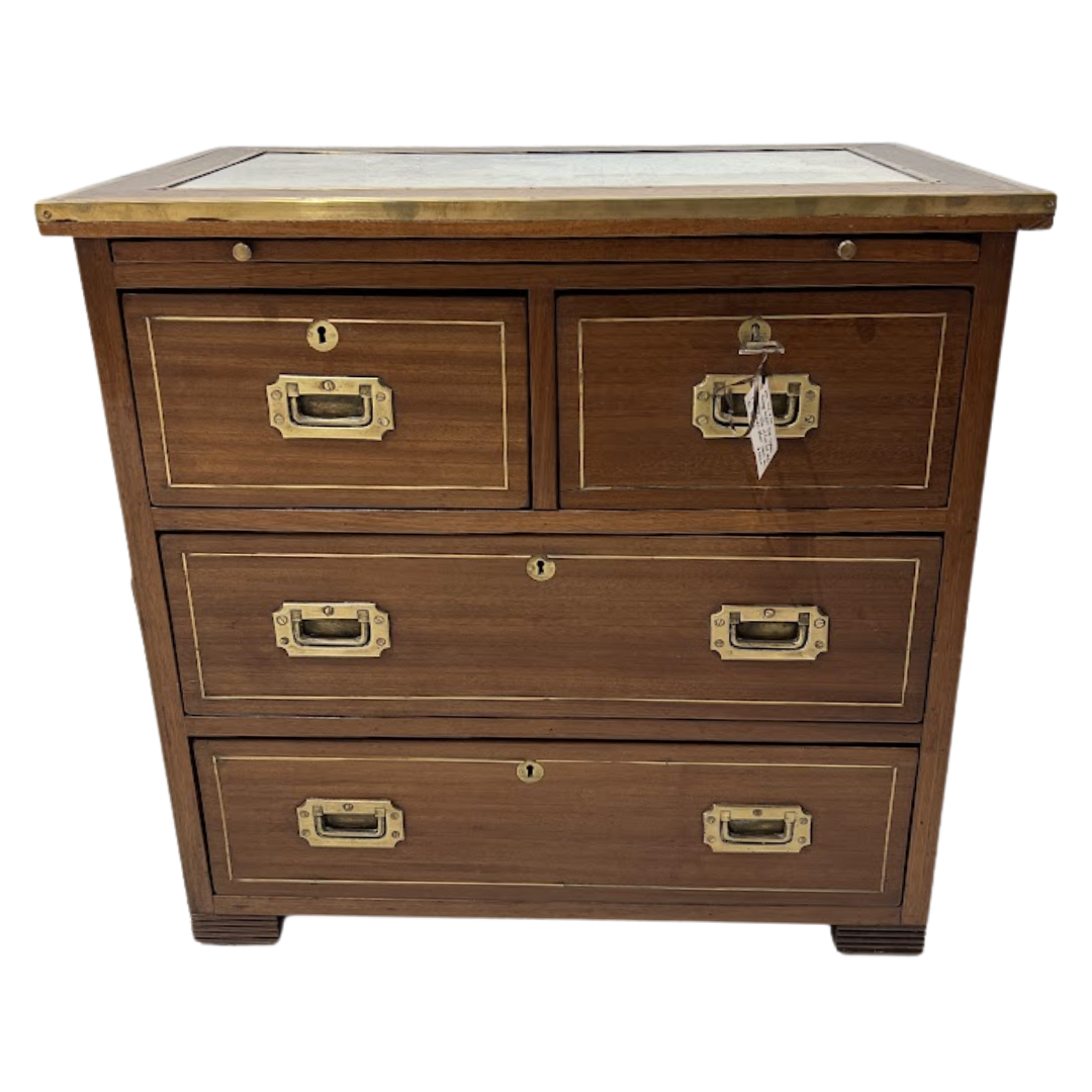 Vintage English Ship Captain's Campaign Chest with Removable Pull Out Slide and Chart Under Glass (TLI251)