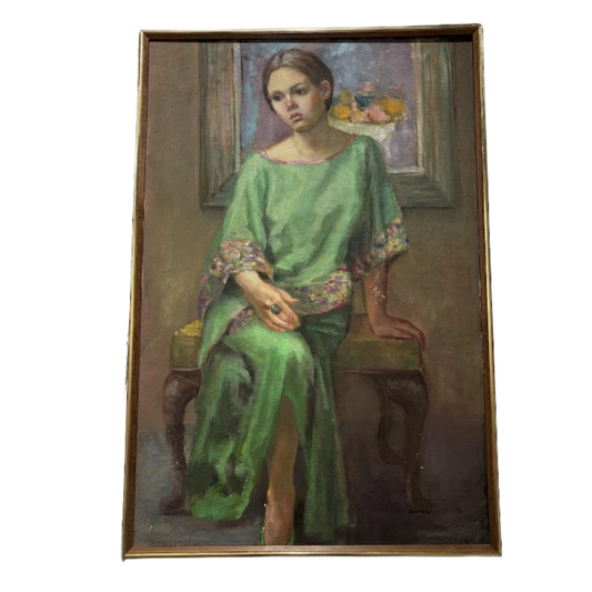Painting of a woman in a green dress sitting on a stool.