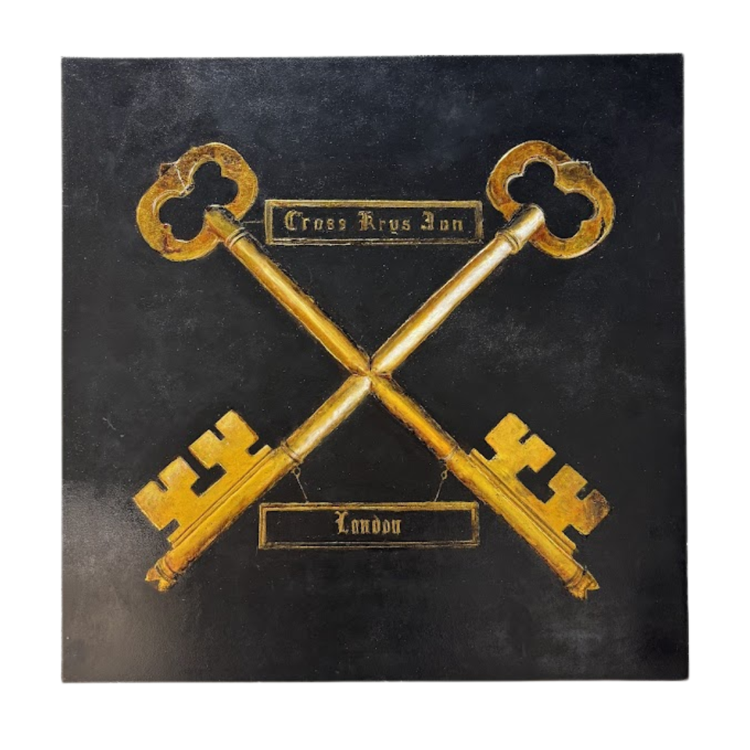 Two crossed keys with 'Cross Keys Inn' and 'London' text on a dark background