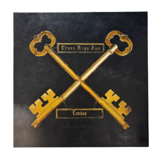 Two crossed keys with 'Cross Keys Inn' and 'London' text on a dark background