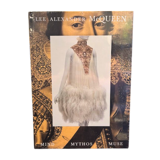 Book cover of 'Lee Alexander McQueen: Mind, Mythos, Muse' with a fashion design on a decorative background.