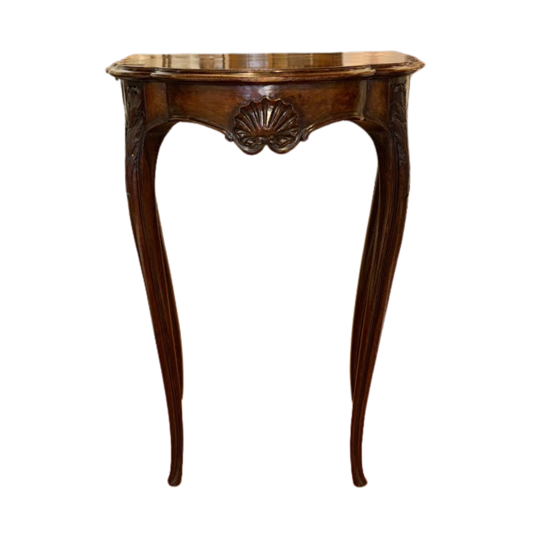 Wooden console table with curved legs on a white background