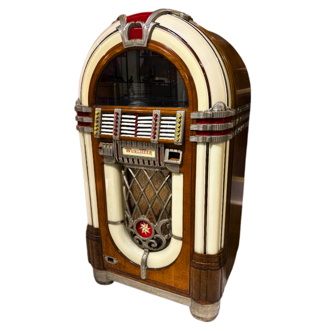 Vintage-style jukebox with wooden and cream finish on a white background