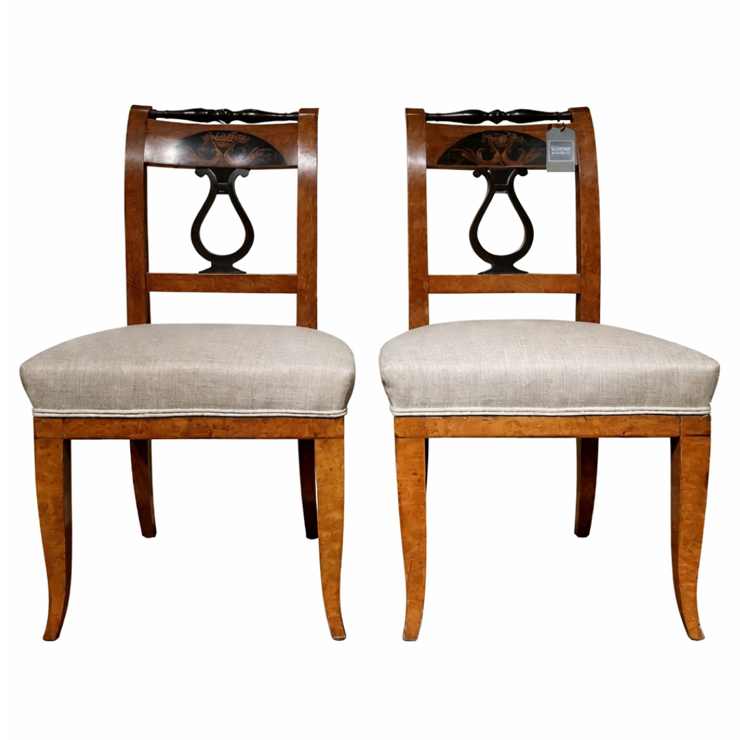 Pair of wooden chairs with upholstered seats on a white background