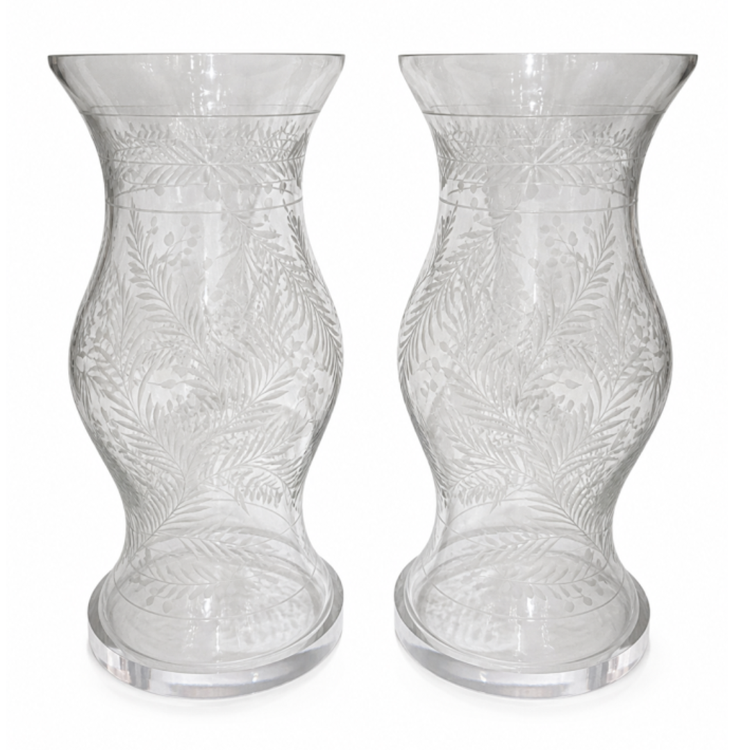 Pair of Etched Glass Hurricanes with Lucite Bases