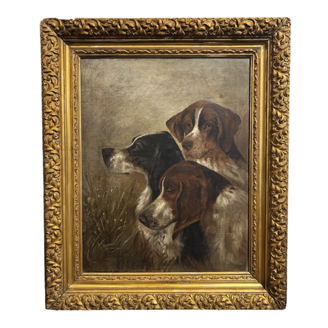 Early 20th Century Oil on Canvas of Three Hunting Dogs