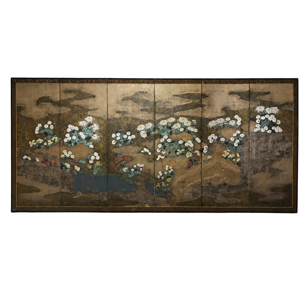 18th Century Imperial Silver Leaf Edo Period Rinpa School Six-Panel Byōbu Screen of Chrysanthemums Landscape