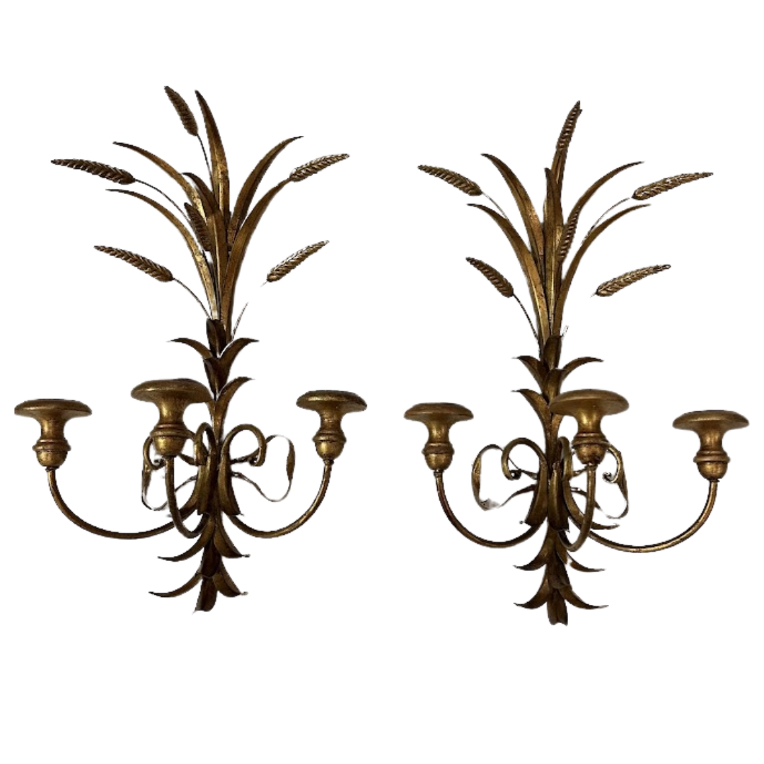 1950s Hollywood Regency Italian Gilt Wrought Iron Pair of Wheat Sheaf Candle Sconces (#2326)