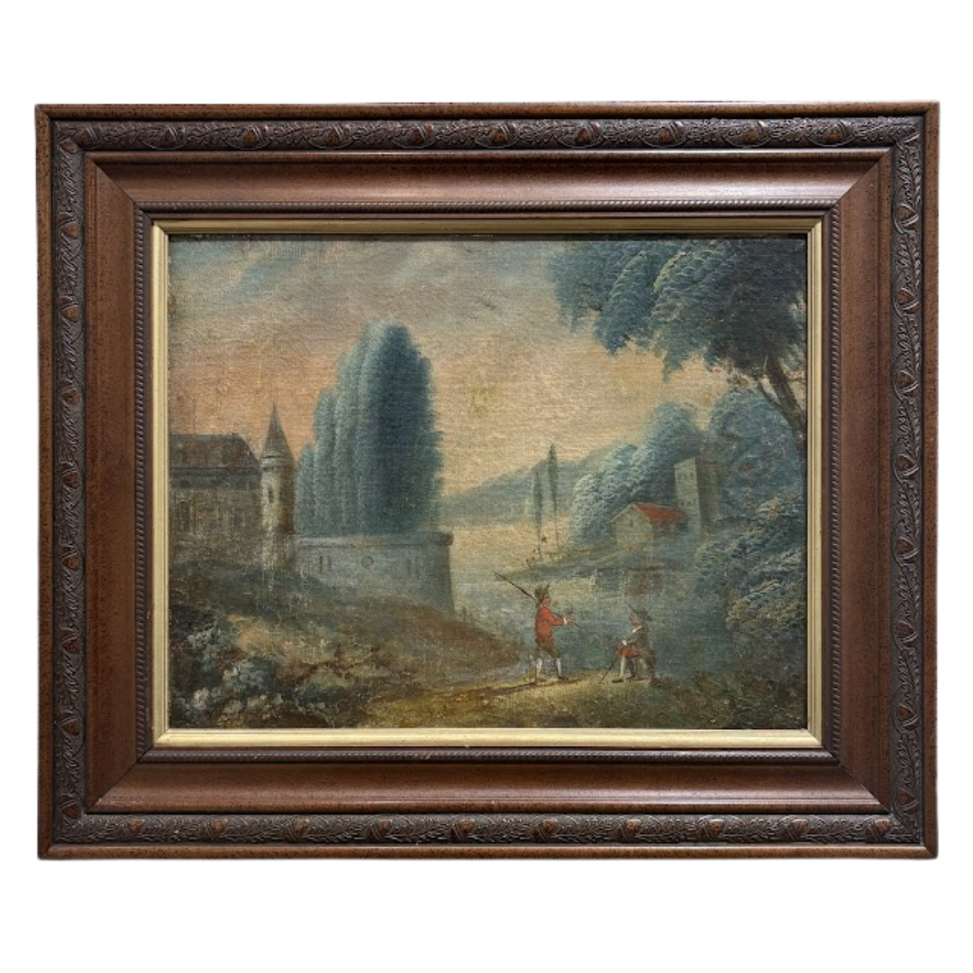 French Country Oil Landscape Painting of School Near River