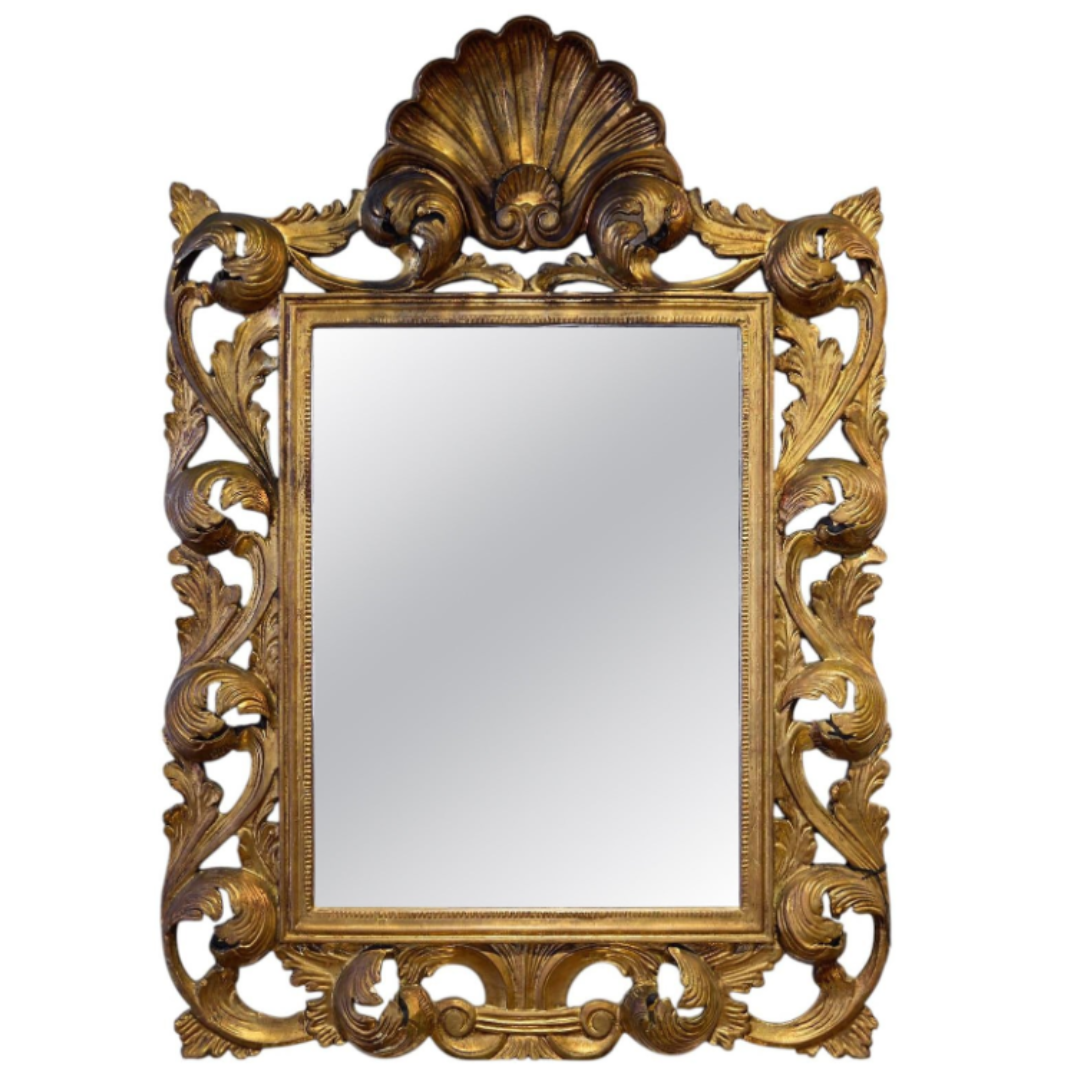Italian Carved Giltwood Mirror with Shell Pediment and Acanthus Surround