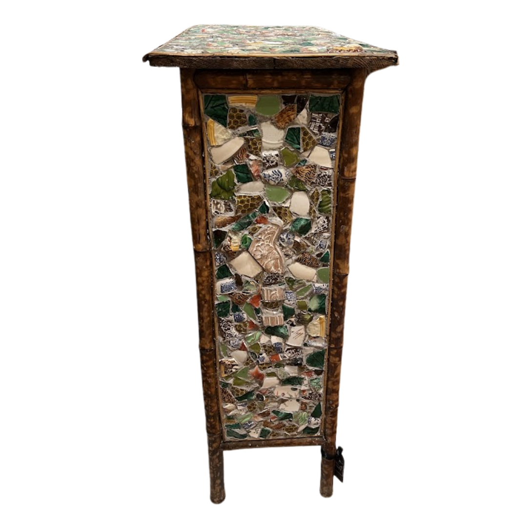 Antique Bamboo Bookcase with Majolica and Blue and White Mosaic on Top and Sides (Item 910)