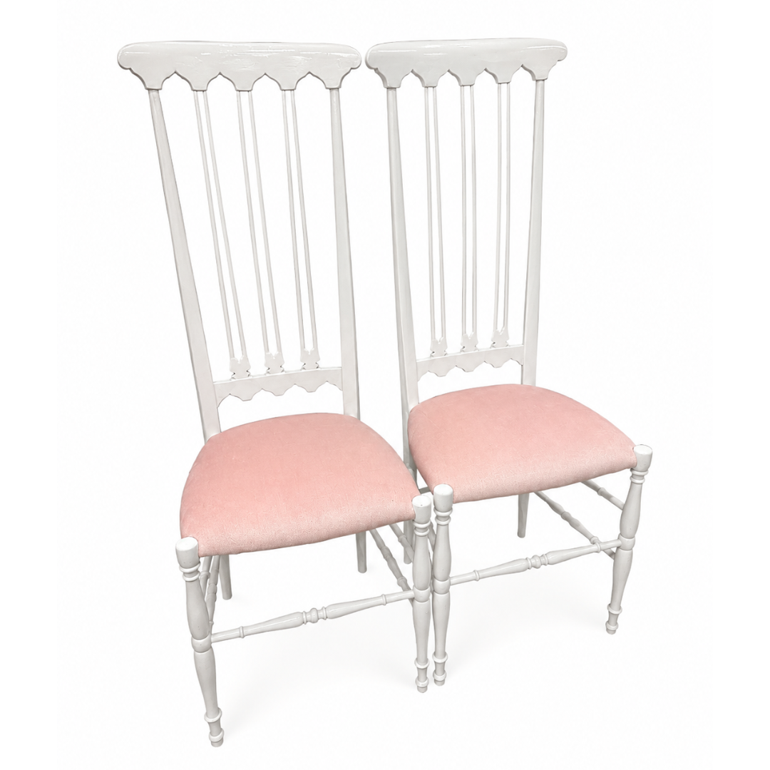 Pair of Tall Chiavari Newly Lacquered and Upholstered Chairs