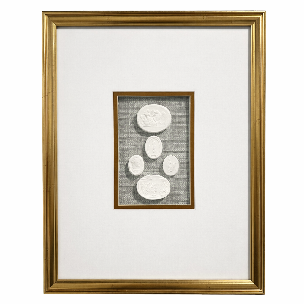 Framed artwork with white circular shapes on a textured green background