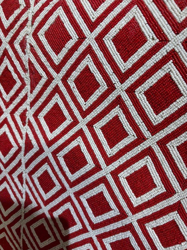 Pair of Vintage Nigerian Yoruba Chairs in Red and White Diamond Bead Pattern