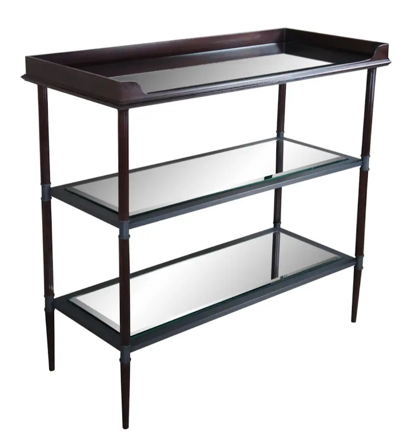 Three-tiered wood shelf with mirrored shelves on a white background