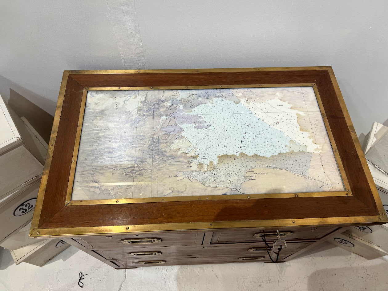 Vintage English Ship Captain's Campaign Chest with Removable Pull Out Slide and Chart Under Glass (TLI251)