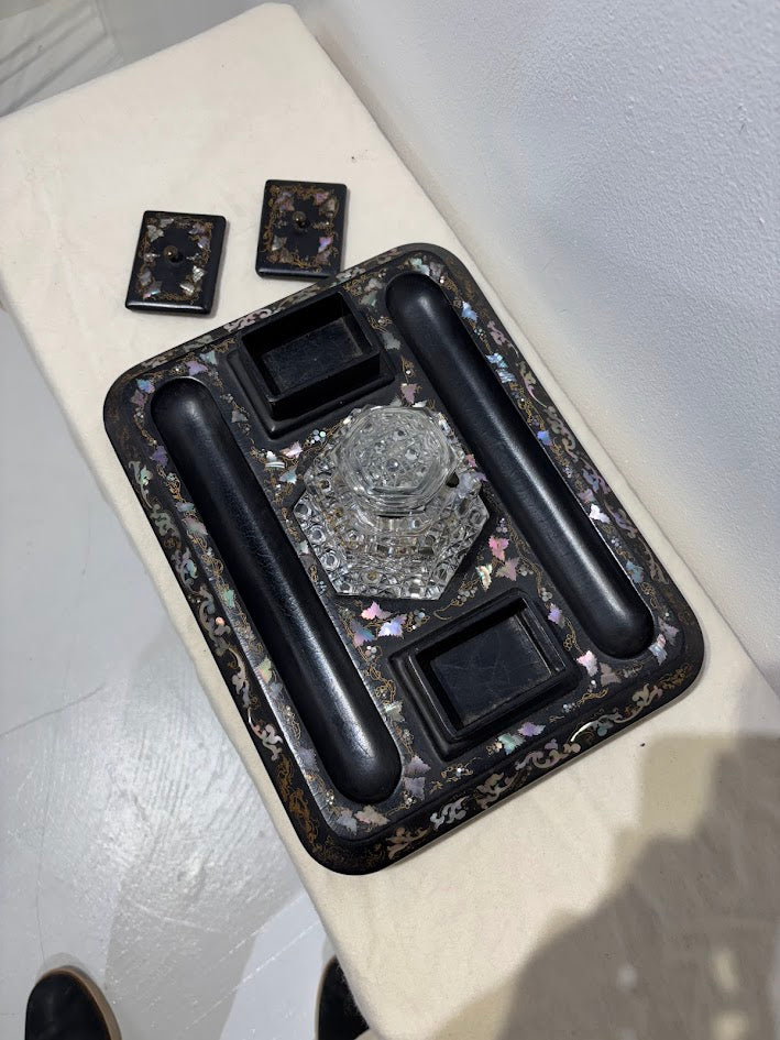 Paper Mache and Mother of Pearl Inkwell Stand, Double Sided with Cut Crystal Inkwell