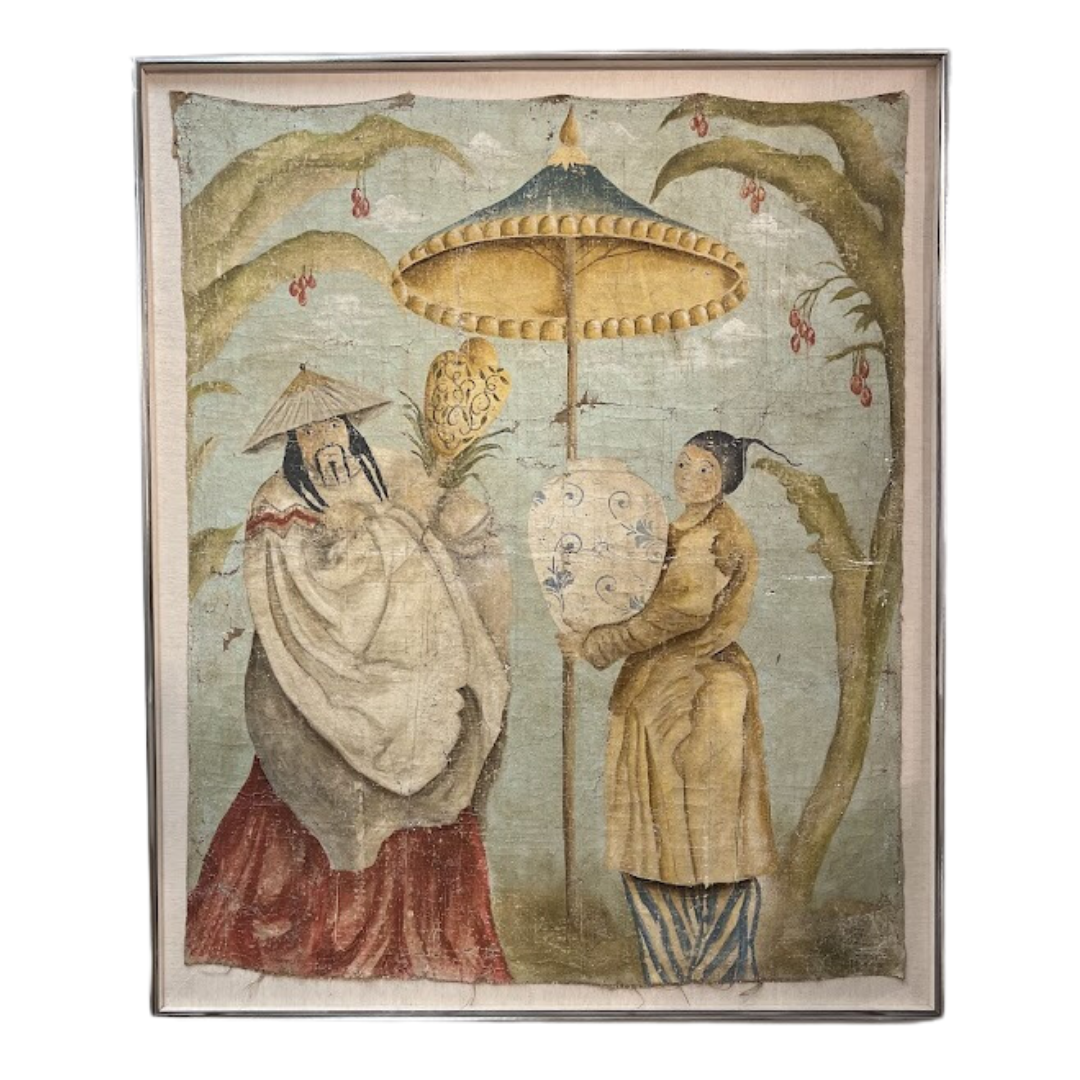 Antique Italian Painting on Burlap Mounted on Fabric and Shadow Box Frame