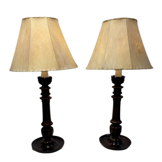 Exceptional Pair of English Oak Candlestick Lamps with Saucer Bases and Hide Shades