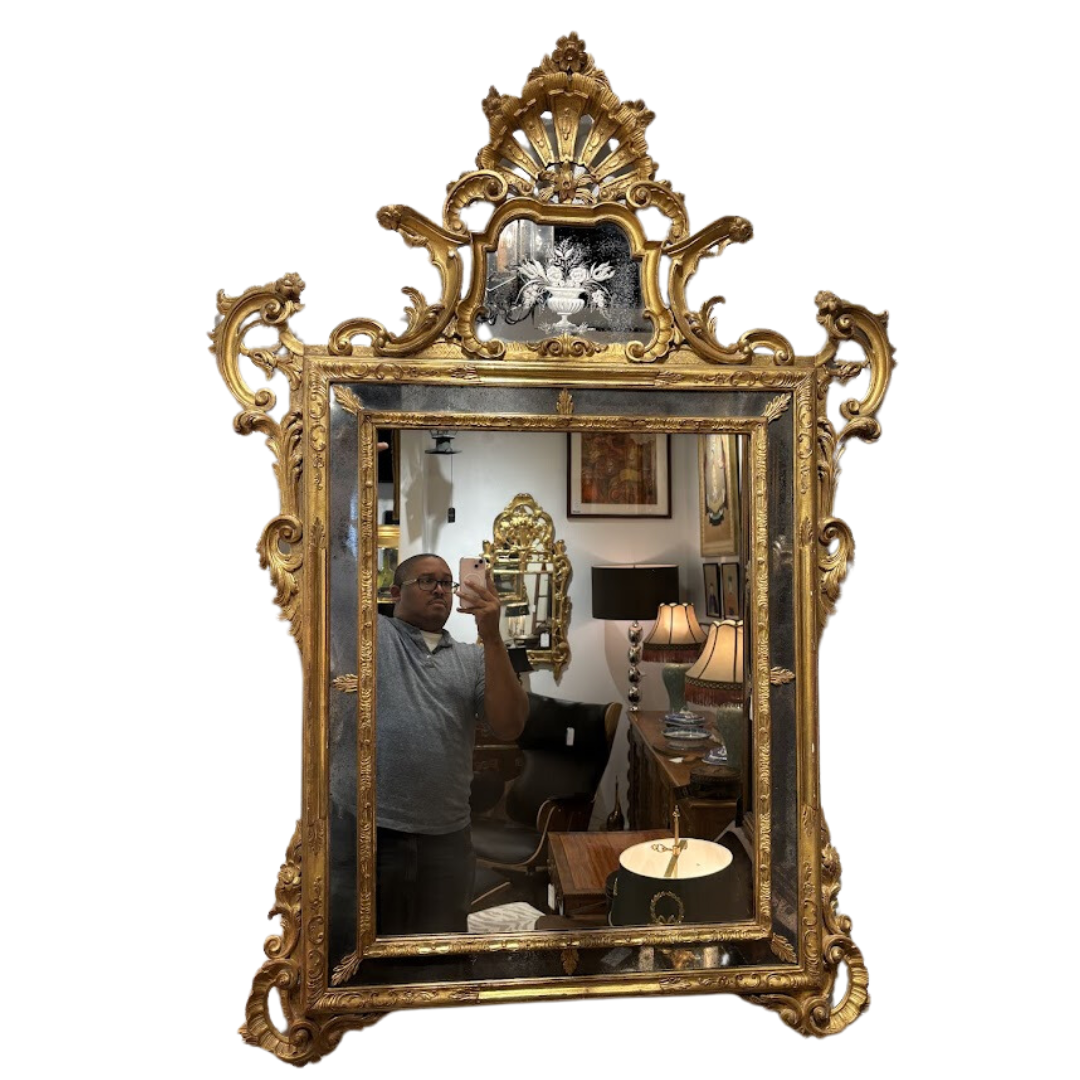 Exceptional Italian Gilt Mirror with Etched Glass and Floral Urn Design