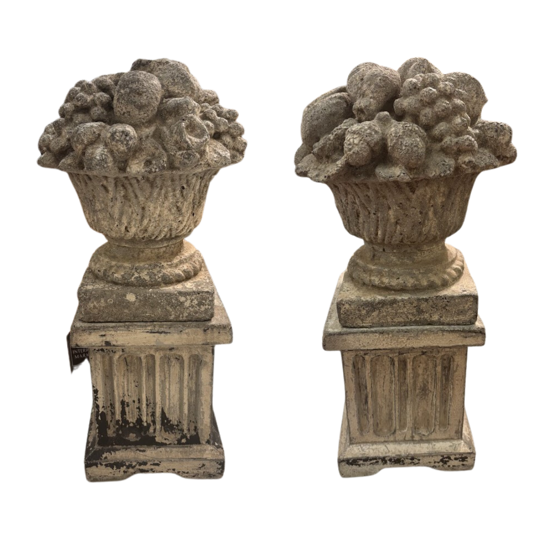 Pair Antique Concrete Urns on Pedestals